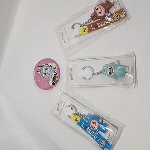 Labubu Monsters Keychain Bundle Gift Set With Mirror- Brown, Blue, Teal New 4pcs